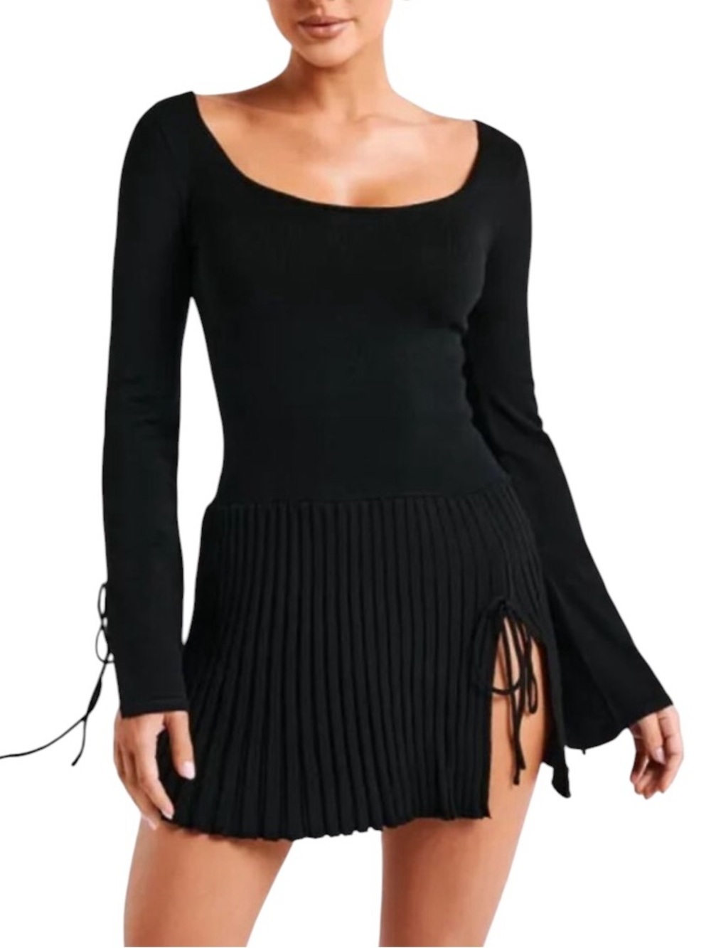 Meshki Britney Long Sleeve Knit Side Slit Mini Dress Black Size S